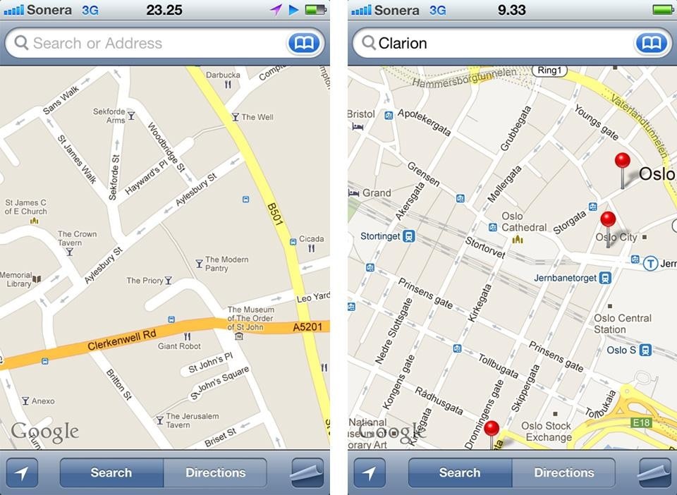 iPhone maps, che mostra mappe di città visitate precedentemente