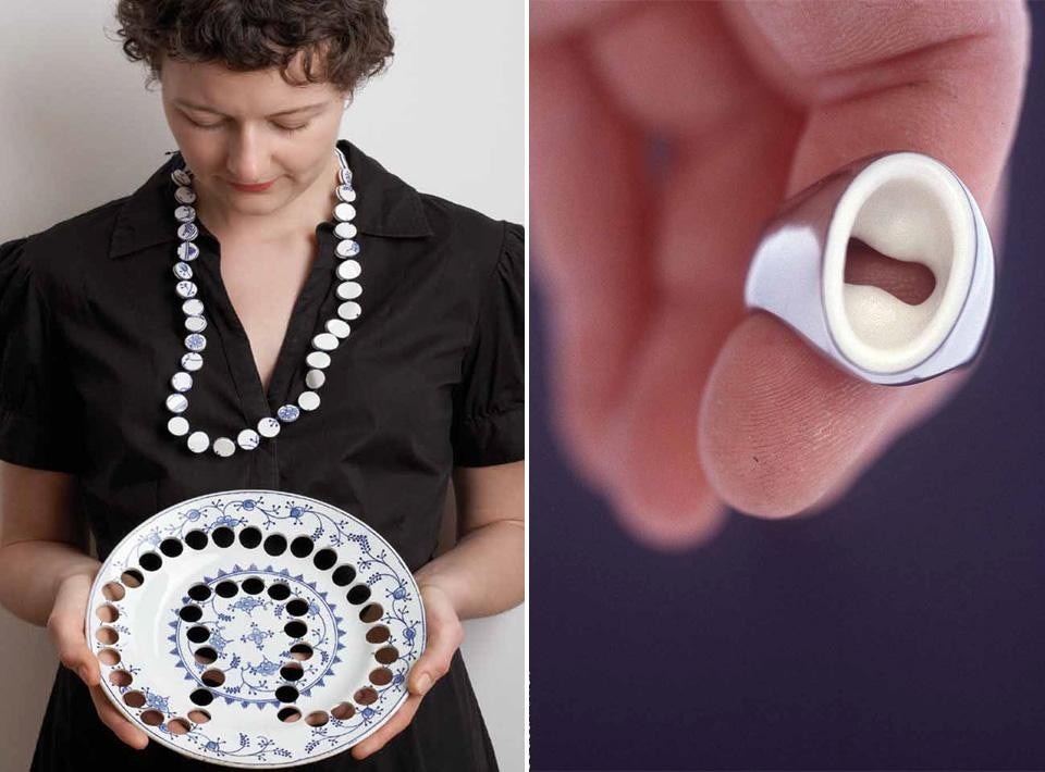In apertura: Yasar Aydin: Let me, collana, 2008. Photo © Yasar Aydin. Qui sopra, a sinistra: Gésine Hackenberg: Kitchen Necklace, collana e piatto. Photo © Corriette Schoenaerts. Qui sopra, a destra: Andi Gut: anello. Photo © Gedusa Arndt