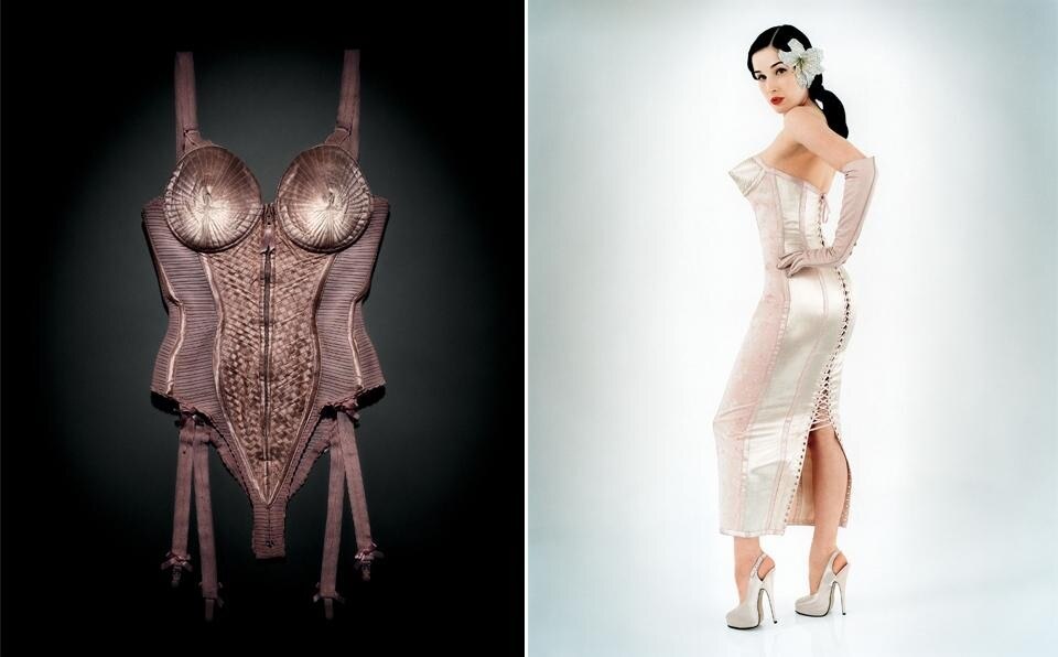 A sinistra, Emil Larsson, Corsetto indossati da Madonna, Blond Ambition World Tour, 1990. A destra, Perou, Dita Von Teese Flaunt, 2003. Dada collection, Prêt-à-porter donna primavera/estate 1983