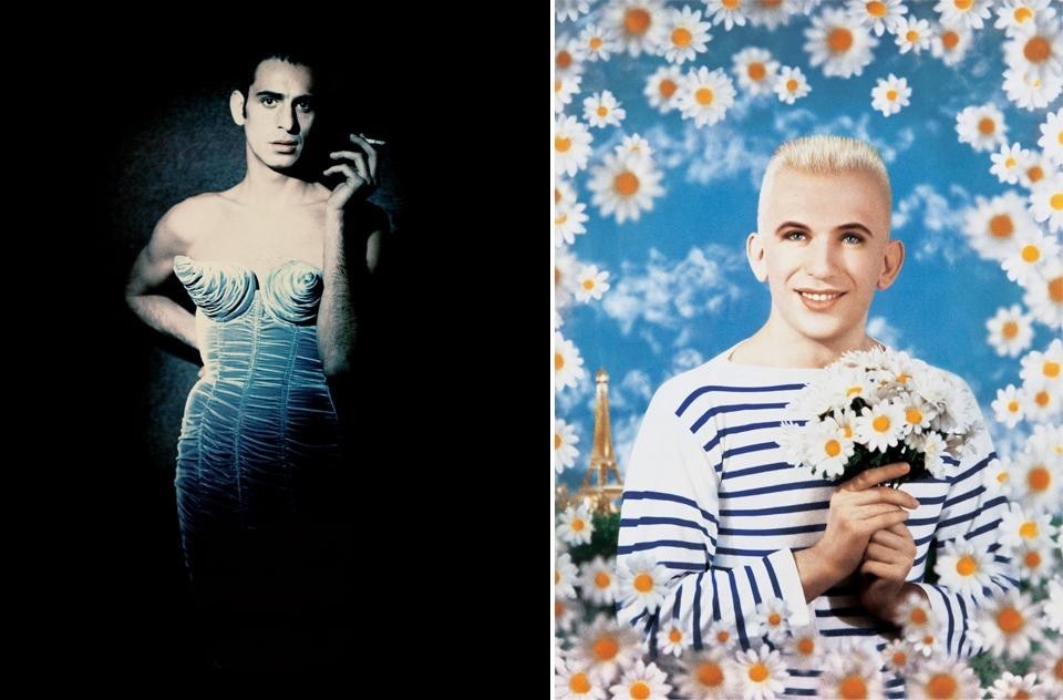 A sinistra, Paolo Roversi, Tanel Bedrossiantz, 1992, collezione <i>Barbès</i>, Prêt-à-porter donna autunno/inverno 1984–1985. © Paolo Roversi. A destra, Pierre et Gilles, Jean Paul Gaultier, 1990. Illustrazione della copertina della sua autobiografia <i>À Nous Deux la mode</i>. Photo © Pierre et Gilles/Rainer Torrado