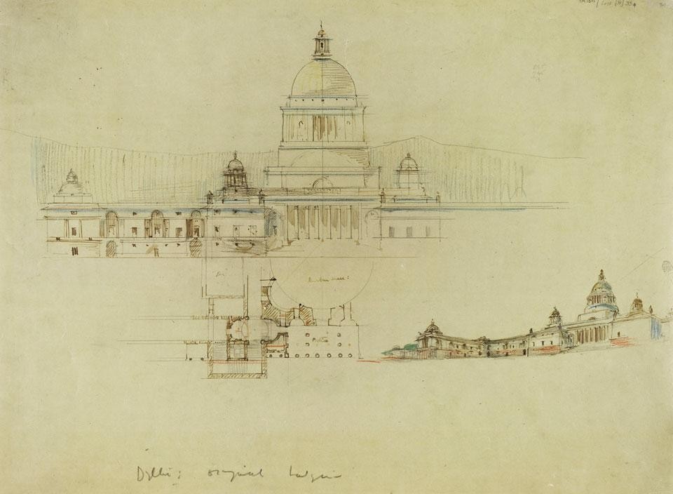 Sir Edwin Lanseer Lutyens, residenza del vicerè, New Delhi, c.1912, disegno. © RIBA