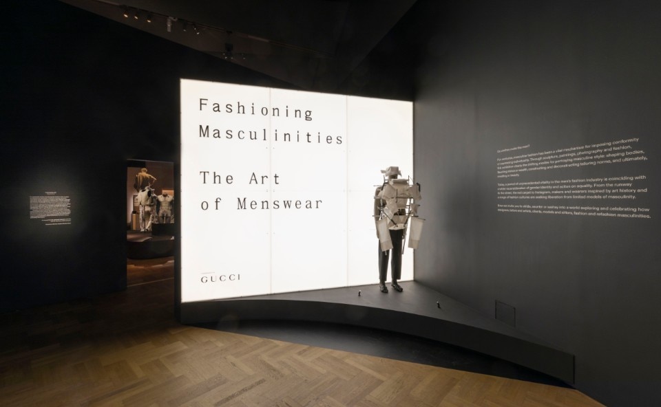 Installation view of Fashioning Masculinities at V&A, featuring Craig Green look (c) Victoria and Albert Museum, London