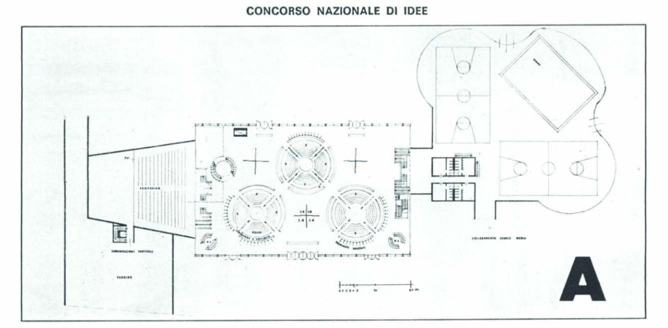 Progetto per una scuola a Milano presentato dagli architetti Arie Rigler, Mordechai Reibman e Donato D'Urbino al Concorso Nazionale di Idee, 1971. Foto: Archivio Domus.