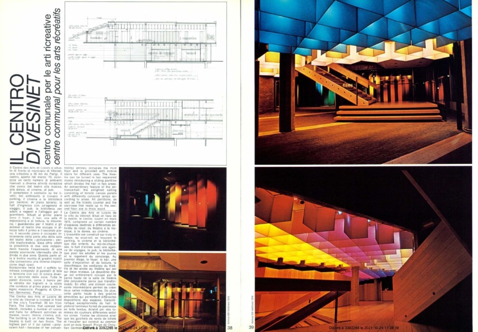 Il Centre des Arts et Loisirs del parigino Christian Germanaz è pensato come il centro polivalente della comunità di Vésinet, Francia. Foto: Domus  555; Febbraio 1976.