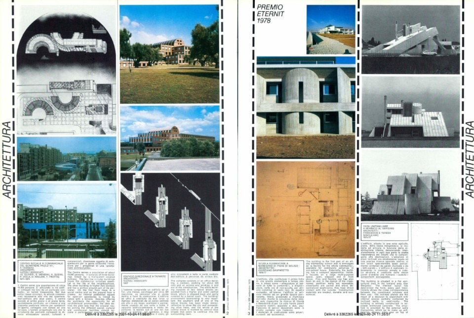 Il Centro Sociale e Commerciale del quartiere Paolo VI di Taranto a opera dell'Architetti Nizzoli Associati, 1971-74. Foto: Domus 586, Settembre 1978.