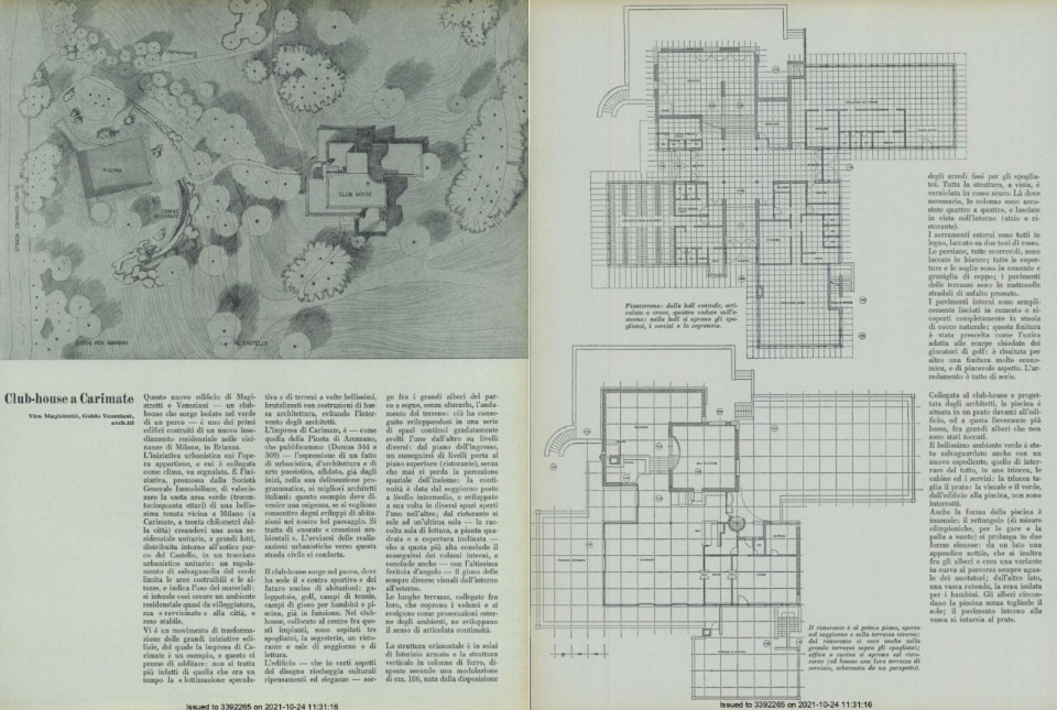 Il progetto di Vico Magistretti e Guido Veneziani per una Club House con piscina a Carimate, Brianza. Foto: Domus 384; Novembre 1961. Il progetto di Vico Magistretti e Guido Veneziani per una Club House con piscina a Carimate, Brianza. Foto: Domus 384; Novembre 1961.