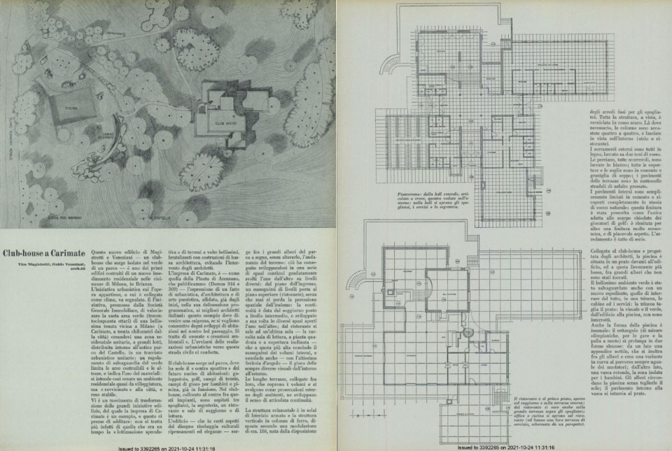 Il progetto di Vico Magistretti e Guido Veneziani per una Club House con piscina a Carimate, Brianza. Foto: Domus  384; Novembre 1961.