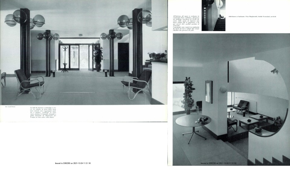 Gli interni della Club House di Magistretti e Veneziani per un quartiere residenziale nel verde della Brianza. Foto. Domus 384,  Novembre 1961.