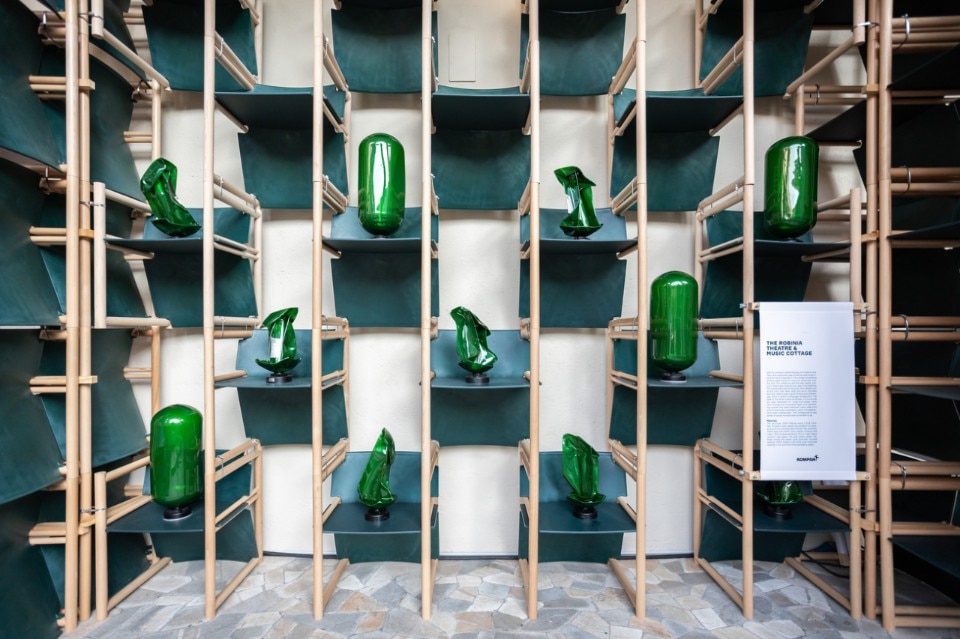 The School, Lendager Group. The exhibition set up in one of the cloisters’ colonnades with the Danish brands using the chairs as a display structure. The School, Lendager Group. The exhibition set up in one of the cloisters’ colonnades with the Danish brands using the chairs as a display structure.