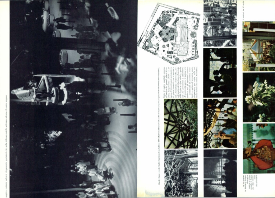 <em>Il padiglione sospeso di Charles Eames</em>, Domus 424 / marzo 1965, vista pagine interne. Il "bosco" di alberi di acciaio su cui è sospeso il teatro ovoidale
