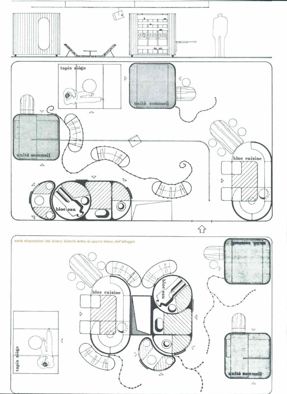 Paul Rudolph, Home for friends, New York, 1971. Possible layouts of blocks inside the house open space. From Domus 502, September 1971