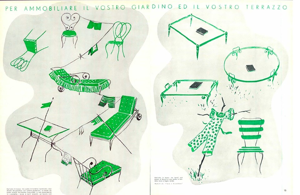 A collection of garden and terrace furniture published on Domus 125, May 1938.
