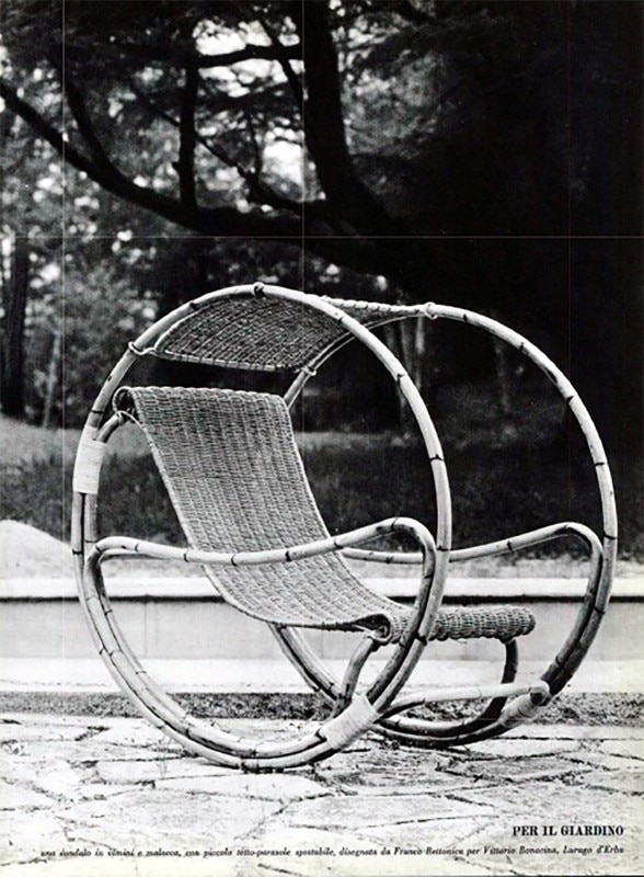 The wicker swing chair by Franco Bettonica for Bonacina, with the movable sunshade roof, published in Domus 439, August 1965