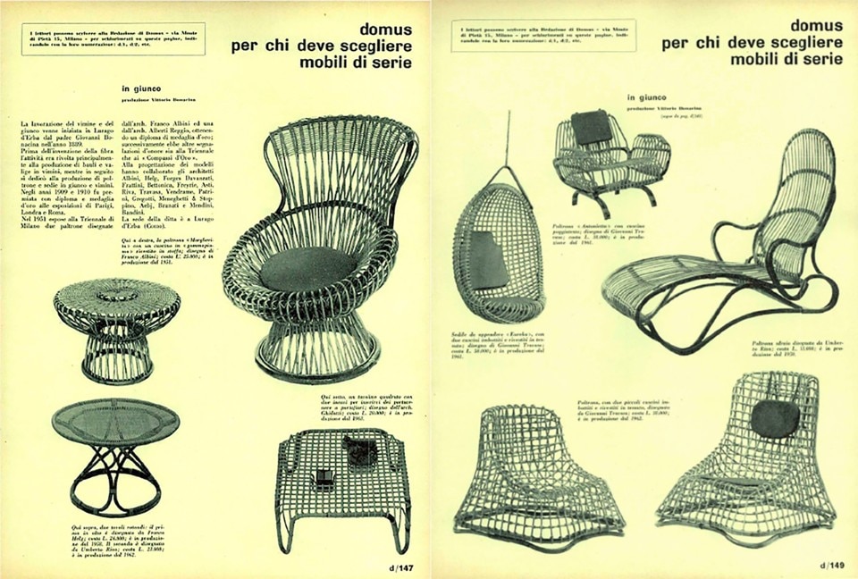 Le ampie proposte in giunco del catalogo di Vittorio Bonacina, che negli anni Cinquanta presenta la poltrona Margherita, disegnata da Franco Albini. Da Domus 405, agosto 1963