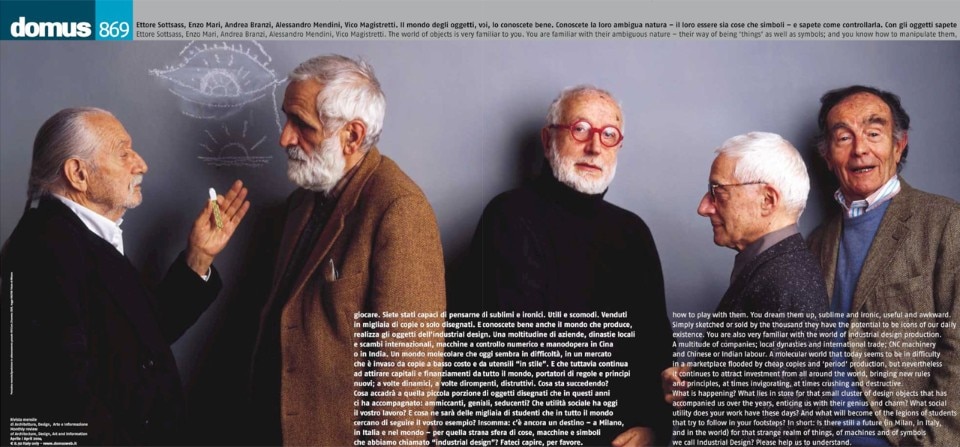 Vico Magistretti con Ettore Sottsass, Enzo Mari, Andrea Branzi, Alessandro Mendini , cover Domus 869, 2004