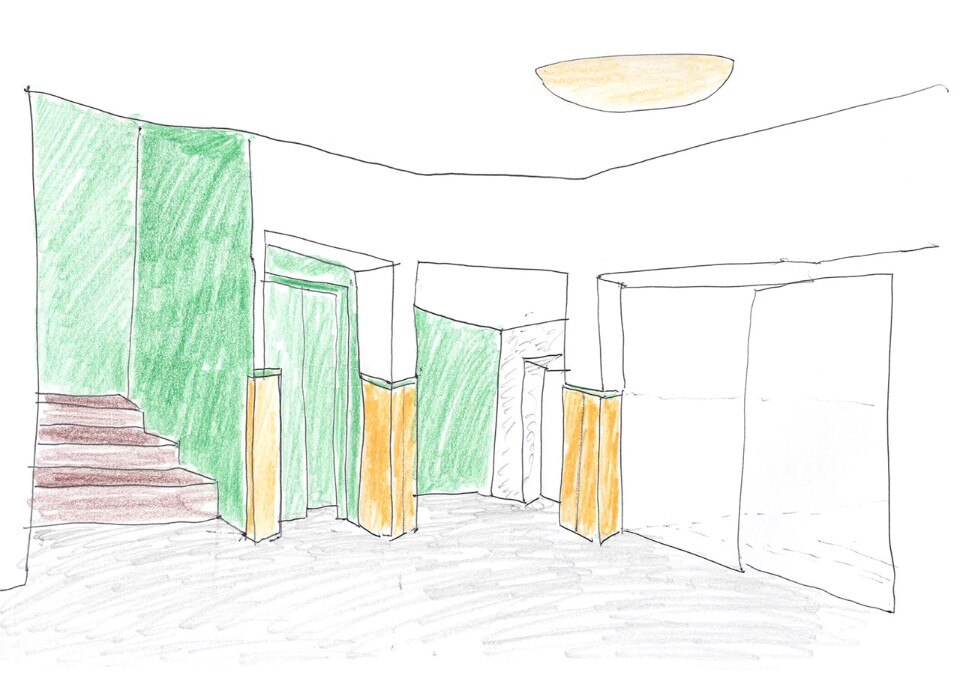 Sketch of the hall of the Hotel Meira. Courtesy COR arquitectos Sketch of the hall of the Hotel Meira. Courtesy COR arquitectos