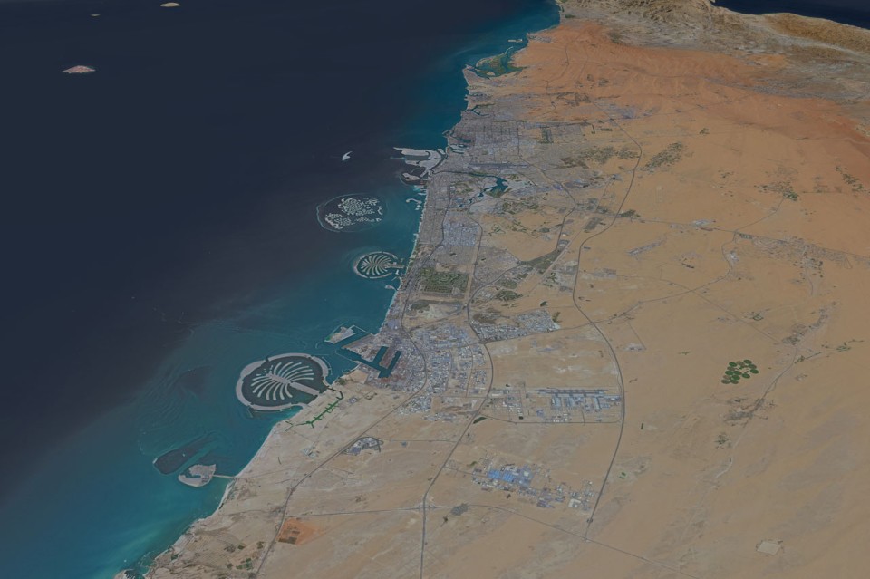 rendering tridimensionale (versione-2) di Dubai, Emirati Arabi Uniti, sulla base di un’immagine satellitare del 4 aprile 2017. © Getty Images News