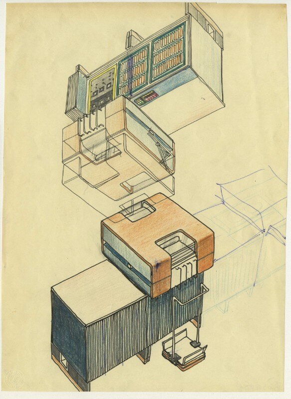 Ettore Sottsass, Studi per Elea Classe 9000, telescrivente e centralino, Olivetti, assonometria per configurazione telescrivente, s.d. (1959 circa), penna, china, pastello e pastello a cera su carta, 300 x 216 mm. Courtesy CSAC dell’Università di Parma