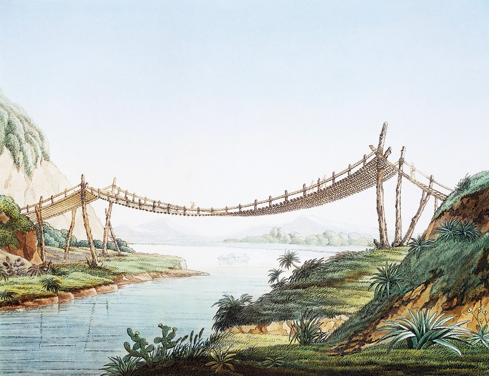 Rope Bridge over the Chambo River at Penipe, Ecuador. Engraving. From Vues des cordillières et monumens des peuples indigènes de l’Amérique, by Alexander von Humboldt with Aimé Bonpland, F. Schoell, Paris 1810 