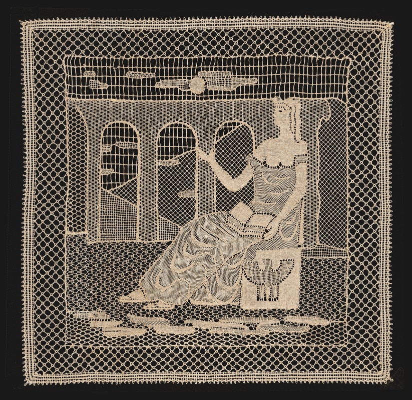 Allegorical scene made in bobbin lace. Regia Scuola in Cantù