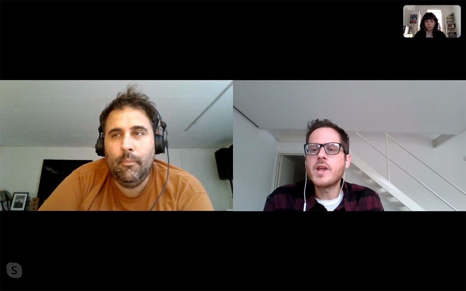 Screenshot of the video call: Sebastián Adamo on the left and Marcelo Faiden on the right, from Adamo-Faiden studio