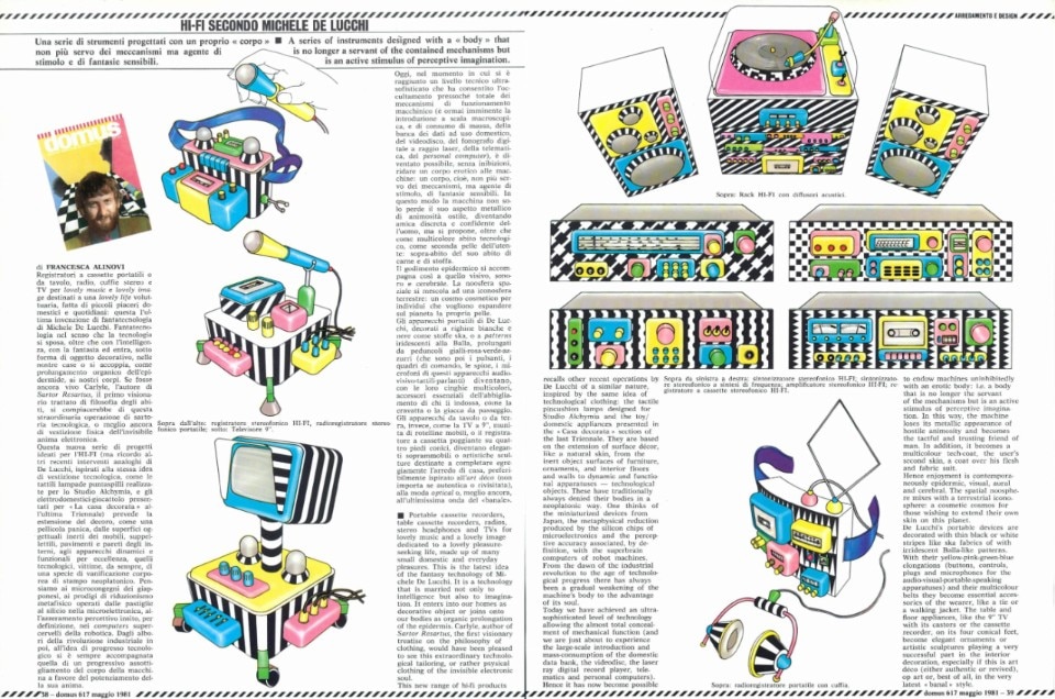 Gli accessori tecnologici pensati da Michele De Lucchi per Memphis raccontati da Francesca Alinovi su Domus. Foto: Domus 617,  maggio 1981.