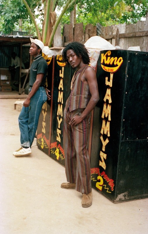 Singer Junior Reid wears a pair of Clarks Wallabee by King Jammy's soundsystem, Kingston, 1986. Photo Beth Lesser / One Love Books..