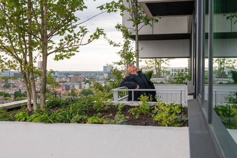 Stefano Boeri on one of the terraces of the Trudo Vertical Forest