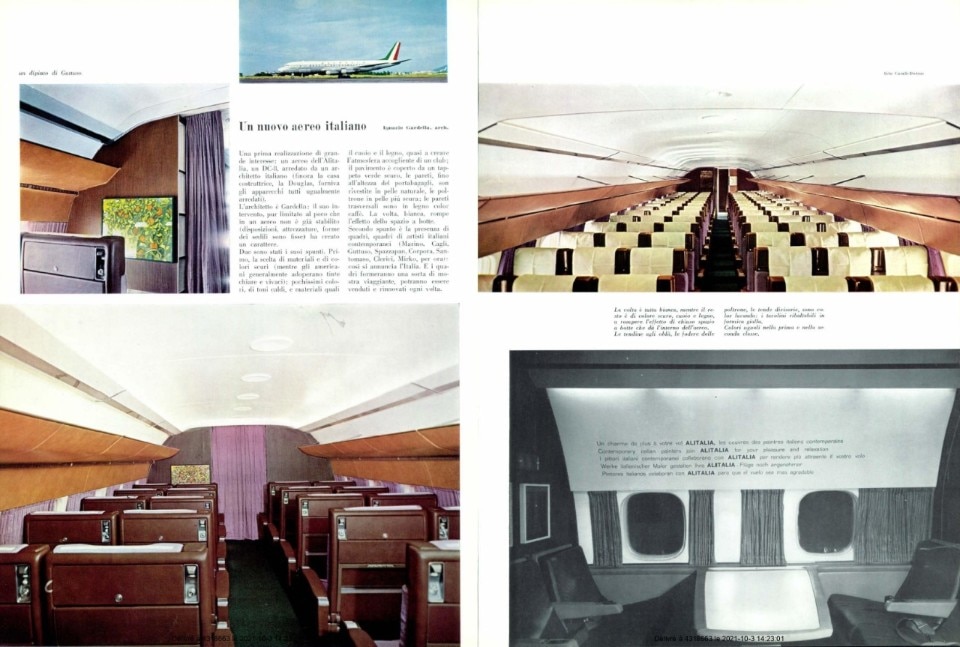 Gli interni allestiti da Ignazio Gardella per velivoli Douglas DC-8 Alitalia, 1960. Foto: Domus 371, Ottobre 1960