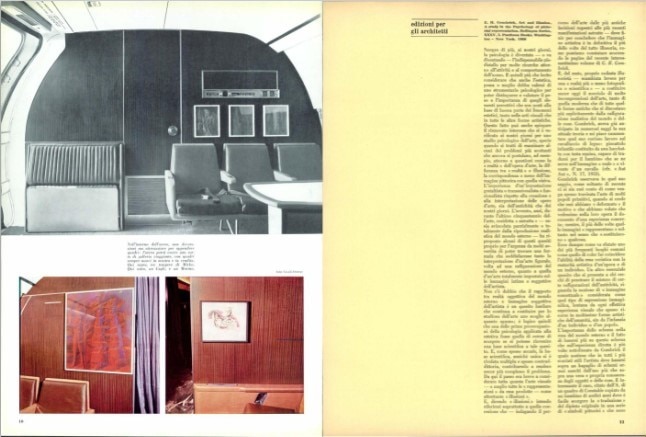 Details of the contemporary art paintings displayed inside the cabins designed by Ignazio Gardella for the Douglas DC-8 Alitalia aircrafts.  Photo: Domus 371, October 1960