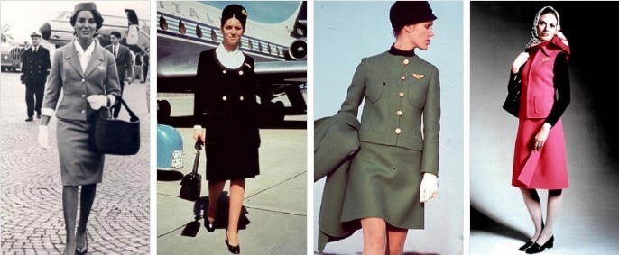 Evoluzione delle uniformi delle hostess Alitalia, da sinistra verso destra: Delia Biagiotti, Titta Rossi, e due  divise di Mila Schon. Foto: Alitalia