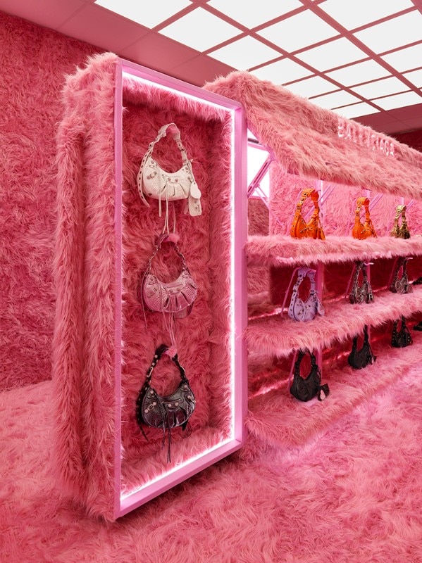 Balenciaga wraps its London store in pink faux fur