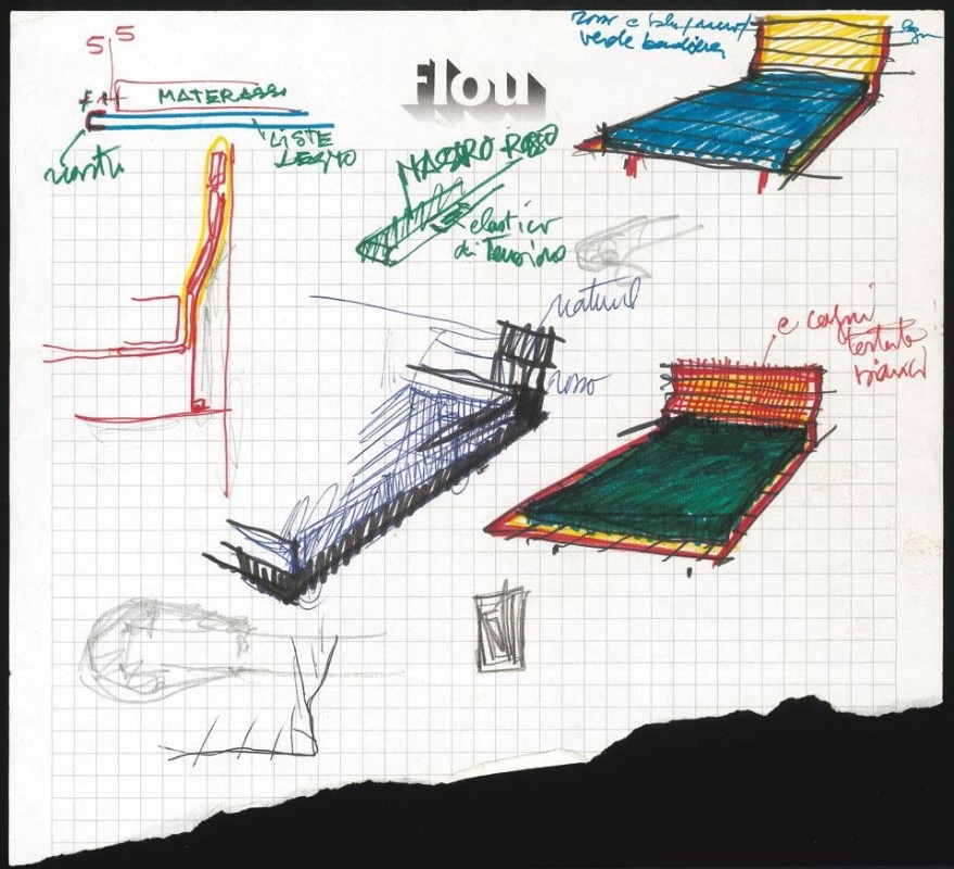 Schizzo del letto Tadao, Flou (1993) di Vico Magistretti.