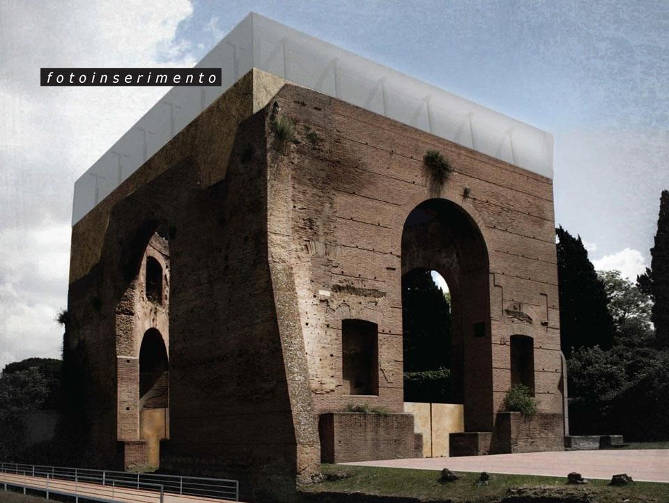 Museo Immateriale. Progetto di spazio scenico e copertura della Tholos del Tempio di Giove presso le terme di Caracalla, proposto dal gruppo di studenti Konicek, O'Brien, Cuppone, Guerrisi, Gerosa, Milanesi, Romano
