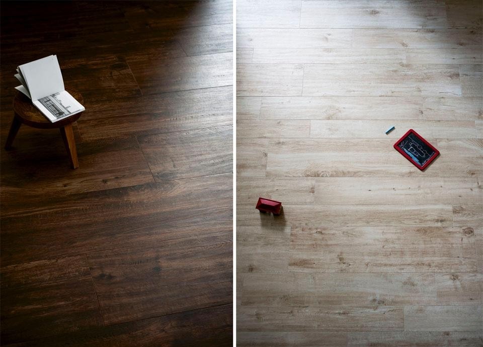 In alto: Treverkhome, un gres porcellanato che simula la grana della betulla. Sopra, a sinistra: Treverkhome, finitura in rovere; a destra: Treverkhome finitura in betulla.