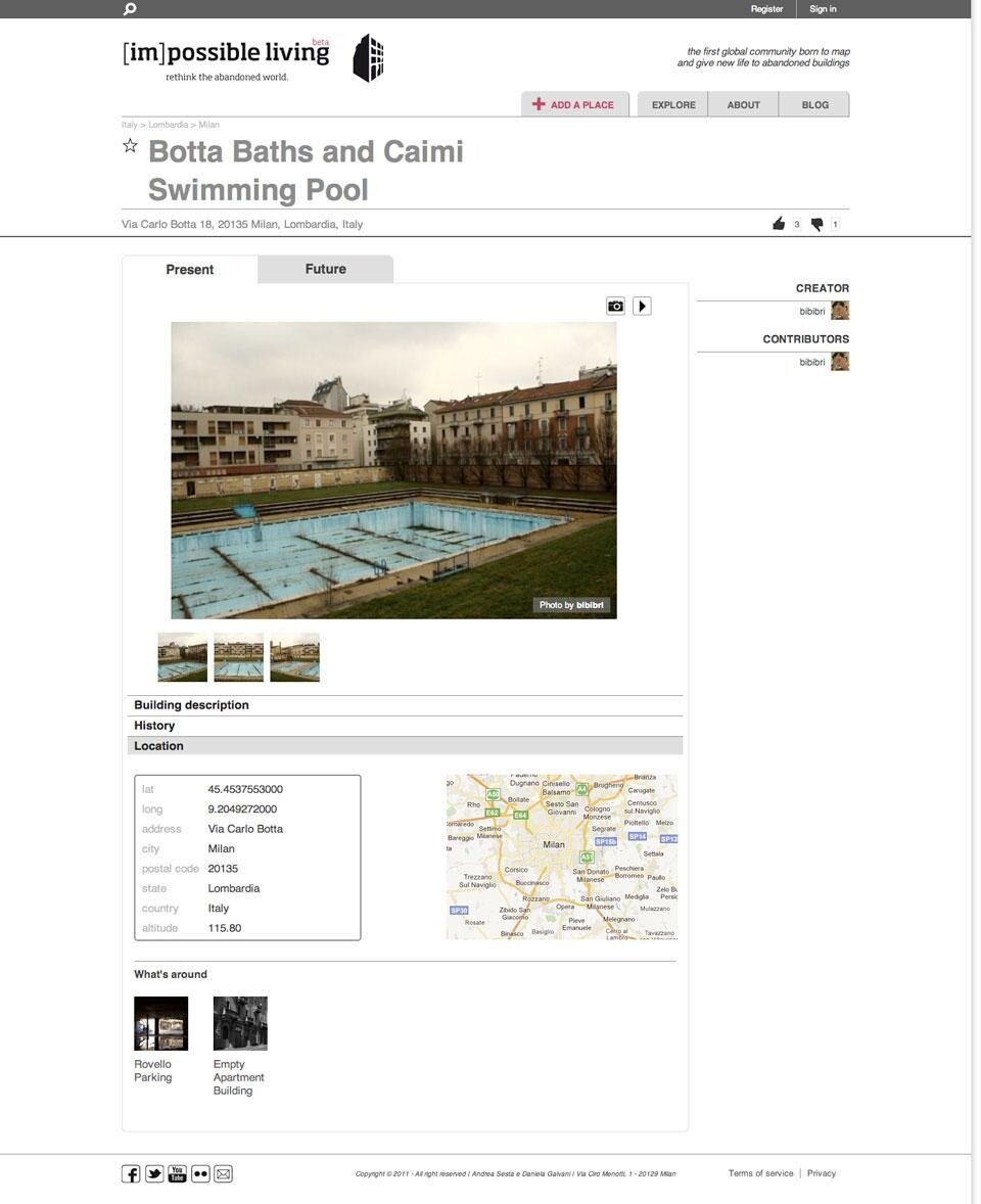 Una scheda tipo dell'applicazione per iPhone che verrà presto rilasciata e che permette di scattare/scegliere dalla libreria una foto dell’edificio,
aggiungere le informazioni essenziali e fornisce in automatico i dati geografici associati alla posizione
(via, città, ecc), consentendo all’utente di modificarli qualora non fossero corretti.