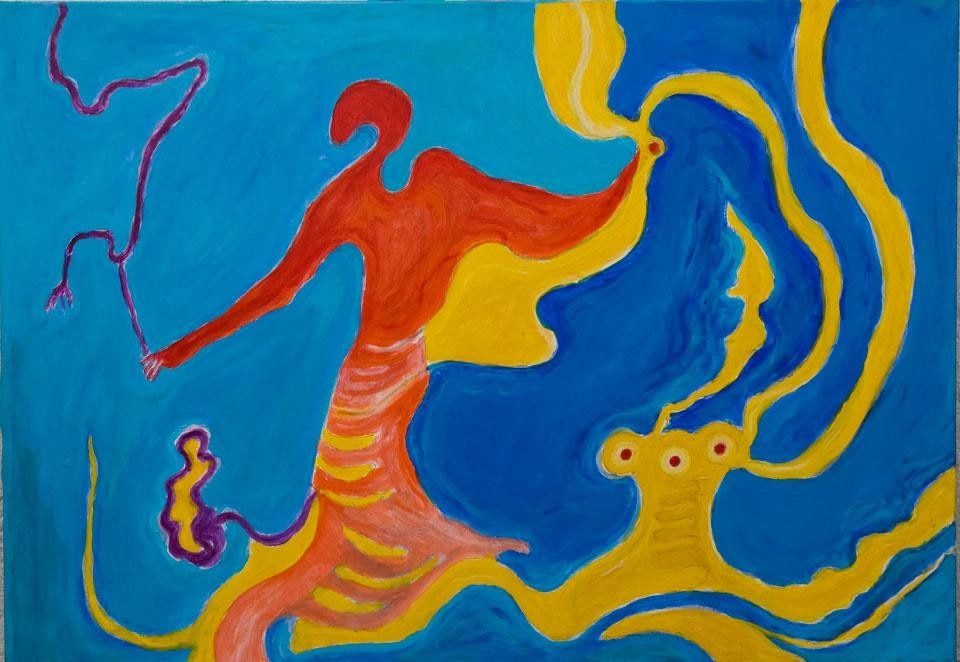In apertura: Gillo Dorfles,
<i>Gran Cornuto</i>, 2004, 
acrilico su tela, 70 x 80 cm. Collezione privata, Milano; qui sopra: <i>Il fustigatore</i>, 2007, 
acrilico su tela, 70 x 100 cm. Collezione privata, Milano 

