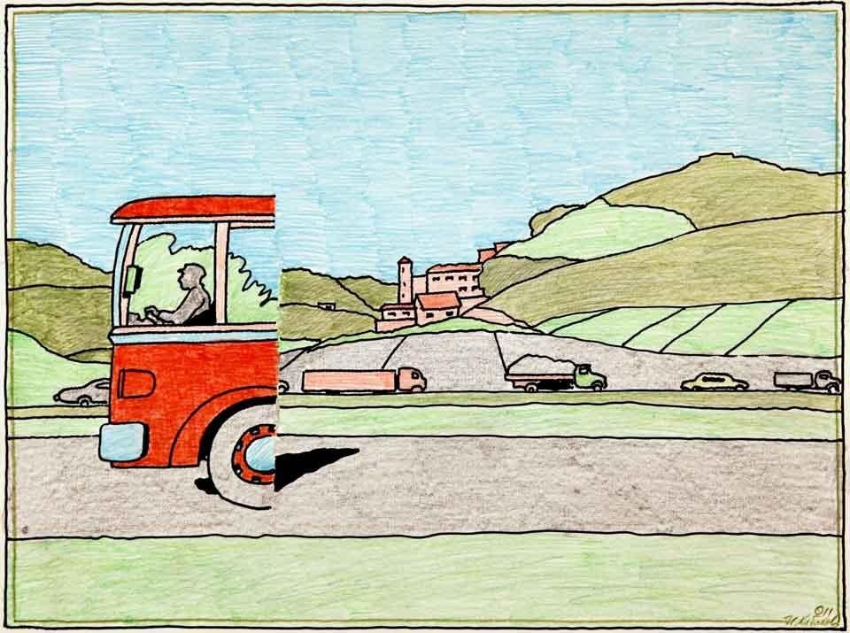 In apertura: Ilya & Emilia Kabakov, <i>Evening # 1</i>, 2005
olio su tela, 87x155 cm. Courtesy Galleria Lia Rumma, Milano/Napoli. Qui sopra: Ilya & Emilia Kabakov, <i>The red bus</i>, 2011, pastelli a colori su carta, 30x40 cm. Courtesy Galleria Lia Rumma, Milano/Napoli