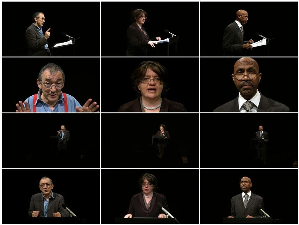 In apertura: Société Réaliste, 
<i>A life to see</i>, 2012.
Digital film, 885,768 hours,
courtesy of the artists; qui sopra: Nicoline van Harskamp, 
<i>Character Witness</i>, 2011. 
Performance,
courtesy of the artist and D+T Brussels