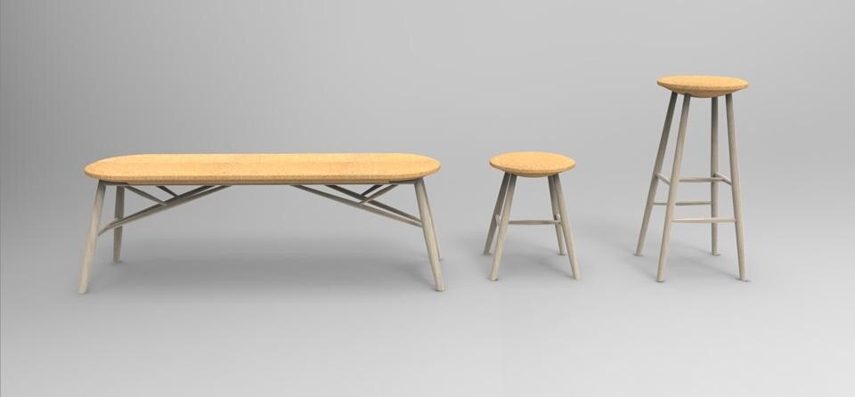 Drifted di Lars Beller, famiglia di sgabelli e panca di frassino con sedile di sughero
