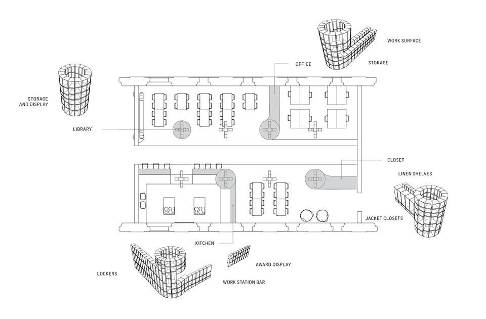 GXN ha disegnato quattro contenitori centrali multi-funzione, ciascuno composto da oltre 500 cubetti di legno