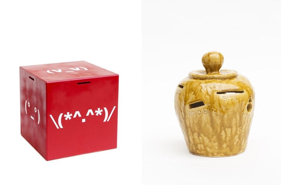 I <i>Charity Box</i> di AdrianoDesign, a sinistra, e di Mario Minale e Kuniko Maeda, <i>Treasure Pot</i>, a destra 