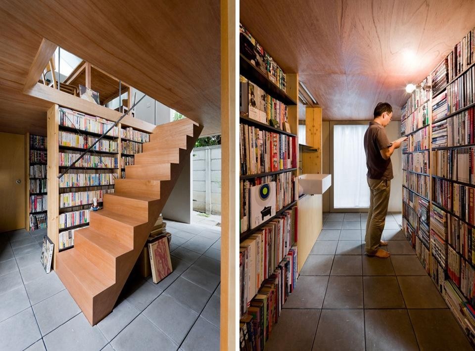 Go Hasegawa: House in Kyodo, la scala di collegamento e l'introversa zona libri alta 1,80m al pianterreno 