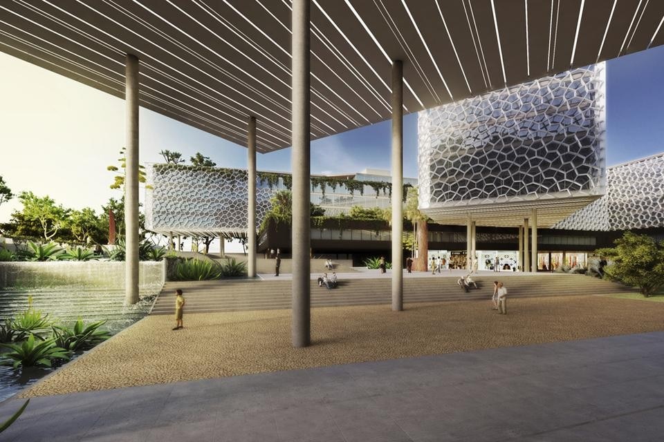 Il complesso multiuso per Brasilia, Forte, Gimenes & Marcondes Ferraz Arquitetos, i pilotis che sostengono i volumi fluttuanti sulla piazza, render