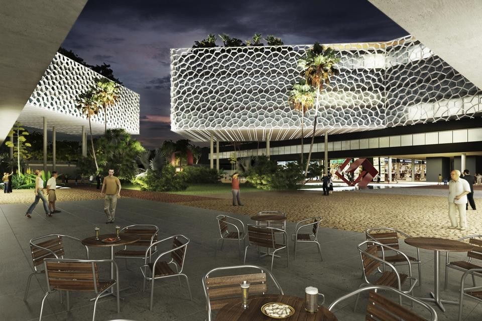 Il complesso multiuso per Brasilia, Forte, Gimenes & Marcondes Ferraz Arquitetos, vista dalla piazza, render