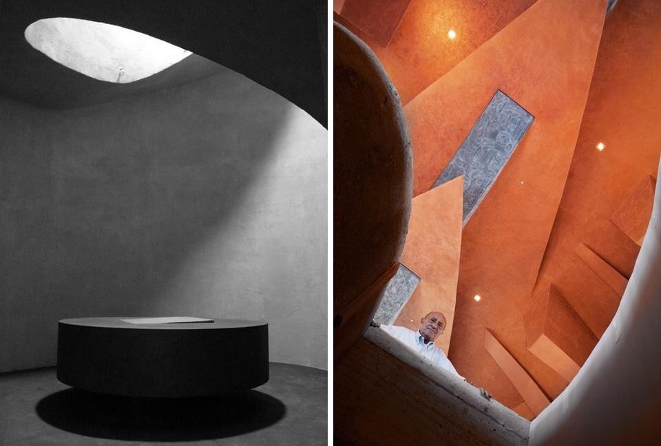Lo ziqqurath, come ama definirlo Pomodoro, una suggestiva scala a spirale in calcestruzzo armato Lo ziqqurath, come ama definirlo Pomodoro, una suggestiva scala a spirale in calcestruzzo armato