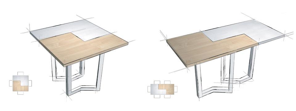 Quadrangolo/tavolo equiscomponibile. Multistrato di pioppo 23 strati, spessore 33mm. Versione quadrata 90x90cm, versione rettangolare 60x135cm
