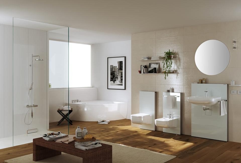 In apertura: Geberit Monolith usato in una vera e propria sala da bagno, si integra perfettamente in un arredo contemporaneo. Qui sopra: la caratteristica disposizione in linea dei tre pezzi che si trova nelle case più vecchie.