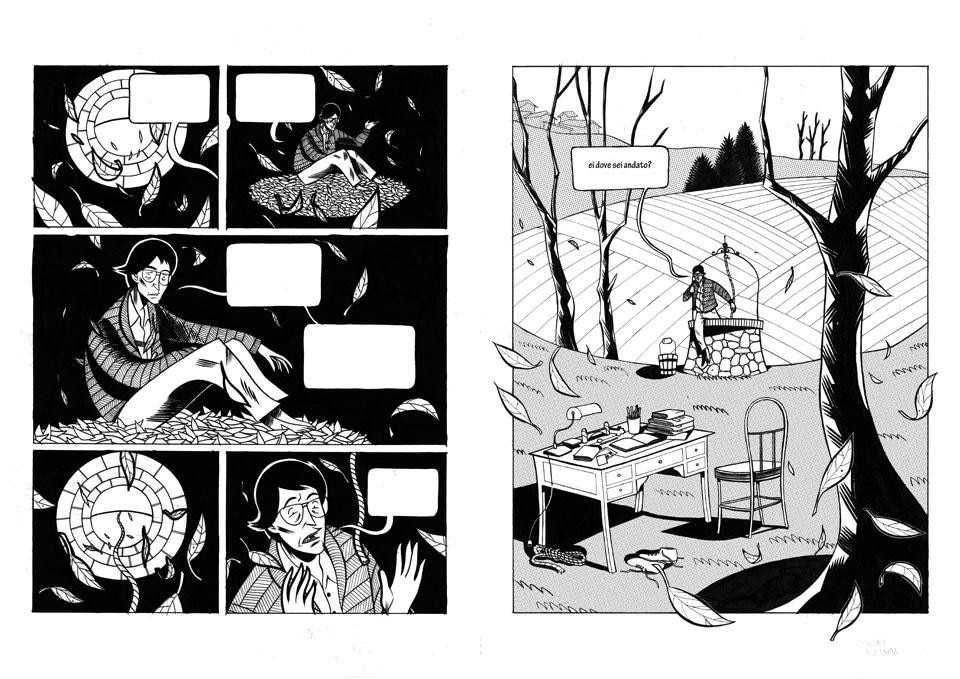 In apertura: un momento del workshop alla scuola di fumetto Andrea Pazienza di Cremona. Qui sopra: due tavole di Nicola Gobbi (disegnatore) e Jacopo Frey (sceneggiatore), vincitori della sezione <i>Reality Book</i>