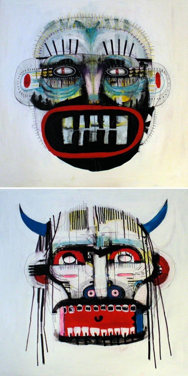 Dall'alto: <i>Kind</i>, <i>Vater</i>,Frank Höhne. Tecnica mista su tela. In mostra fino al 16 di settembre 2012 al Gestalten Space di Berlino